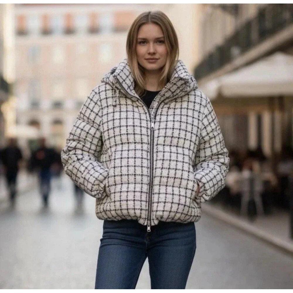 JASON WU New Women’s MEDIUM Quiet Luxury Ivory Plaid Tweed‎ PUFFER Jacket Cozy